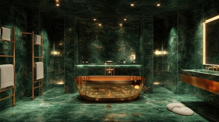 Obraz premium Luxurious Green Marble Bathroom with Businesslike Design Featuring a Stunning Copper Bathtub, Elegant Lighting, and Modern Fixtures for Ultimate Relaxation and Style