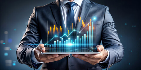 A business professional in a suit holds a tablet displaying vibrant financial graphs and charts. The setting is dimly lit, showcasing a modern corporate environment