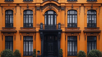 Fototapeta premium Elegant orange building with black accents and decorative details.