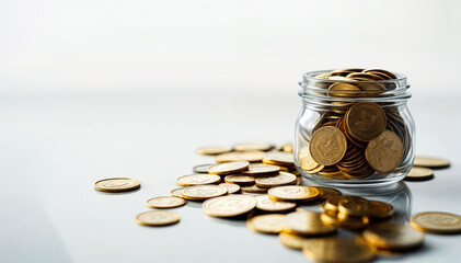 A clear jar holds golden coins, with some coins spilled on a reflective surface. The setting is bright, indicating daytime, creating a warm and inviting atmosphere