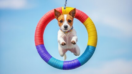 Jack Russell Terrier in mid-air leaping through a colorful hoop, showcasing agility and skill at a pet competition