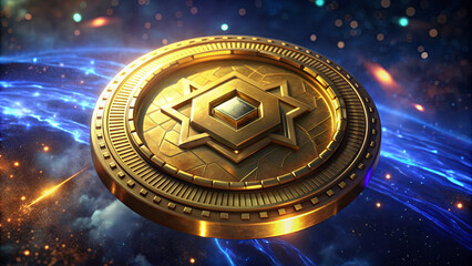 The golden token showcases a star symbol prominently in its center, set against a stunning cosmic backdrop filled with sparkling light and colorful effects