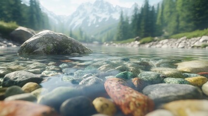 Obraz premium A close-up view of a crystal clear river with smooth stones on the riverbed in the foreground and a mountain range in the background.