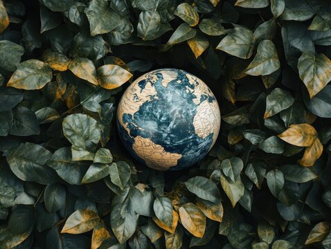 An EcoFriendly Earth Globe Beautifully Surrounded by Lush Green Leaves Represents Our Planets Vitality