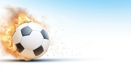Fototapeta premium Fiery soccer ball speeding through air with flames on blue background