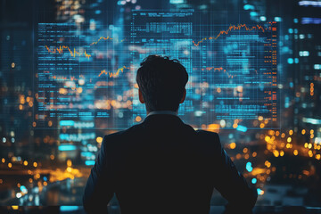 Businessperson Analyzing Financial Data in a Modern Office Environment with Dynamic Stock Market Trends and Cityscape View