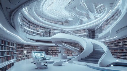 Futuristic library interior with white walls, a spiral staircase and bookshelves filled with books.