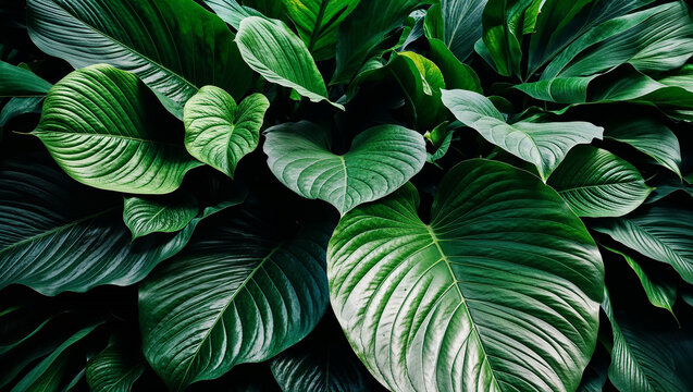 Lush green tropical leaves creating an intricate visual pattern.