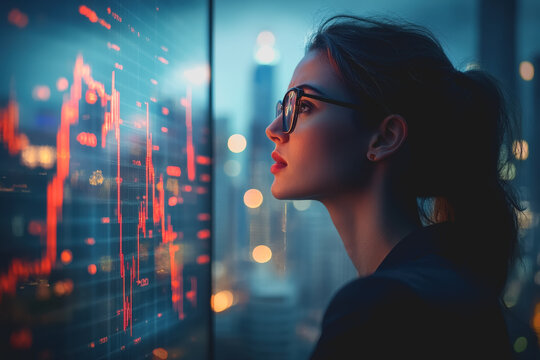 Businessperson Analyzing Fluctuating Stocks with a Worried Expression in a Modern Office with City View at Night - Powered by Adobe