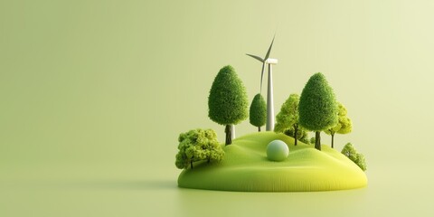 A Creative Illustration of a Green Landscape Featuring Trees, a Wind Turbine, and a Golf Ball on a Vibrant Light Green Background for Eco-Friendly Themes