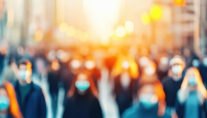 blurred image of people wearing masks in crowded urban area, conveying sense of community and resilience during challenging times. Public Health Campaigns concept.