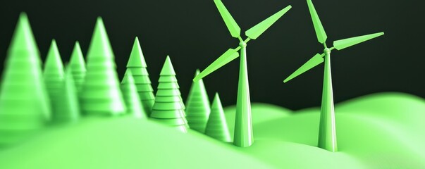 Obraz premium Abstract representation of renewable energy with vibrant green wind turbines among stylized hills and trees symbolizing eco-friendly innovation and sustainable future