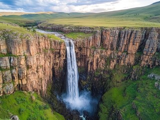 breathtaking waterfalls cascading down rugged rocky cliffs, surrounded by a lush green forest, capturing the serene beauty and power of nature in a vibrant and dynamic landscape