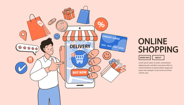 An e-commerce application with a full set of features. A user shows an online store on a smartphone with a shopping cart, credit card payment, delivery, and customer reviews. Retail platform concept.