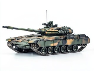 camouflaged battle tank positioned on a clean white background, showcasing military technology with a focus on intricate details and design elements