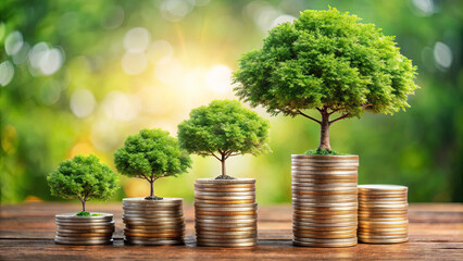 Small trees grow on increasing stacks of coins, symbolizing wealth accumulation and financial growth. The sunlight enhances the lush greenery around the coins