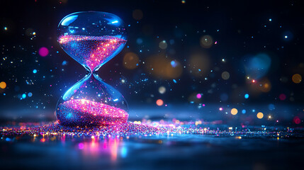 A digital hourglass with colorful lighting contrasts, symbolizing the passage of time and the blending of technology with natural processes, creating a modern, artistic representation of time flow and