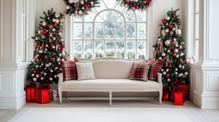 A beautifully decorated winter room features a large arched window overlooking snow-covered trees. Comfortable seating adorned with festive decorations creates a warm, inviting atmosphere