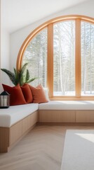 A beautifully decorated winter room features a large arched window overlooking snow-covered trees. Comfortable seating adorned with festive decorations creates a warm, inviting atmosphere