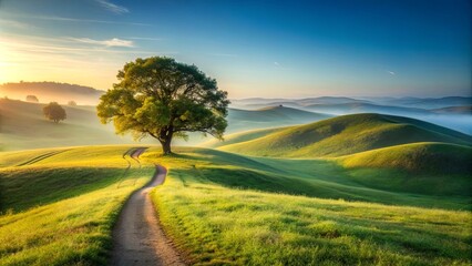 Obraz premium Serene Sunrise Landscape A Winding Path Leads to a Majestic Tree in Rolling Green Hills