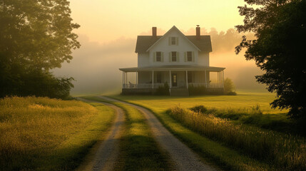 Misty Dawn Farmhouse: Rural Landscape Photography