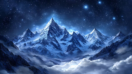 Majestic snow-capped mountains under a brilliant, starlit night sky.