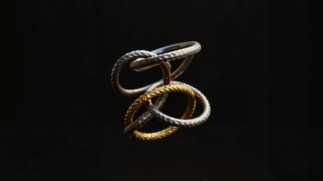 Metallic intertwined rings on black background