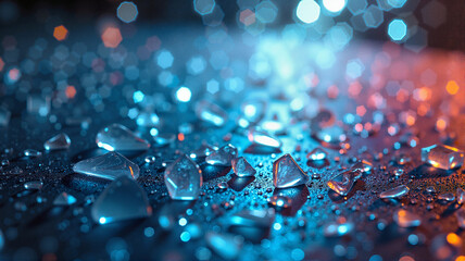 Blue crystals with water droplets and reflections
