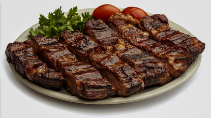 Delicious churrasco served on a plate, isolated against a clean white background