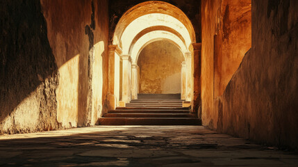 Ancient Roman Archway, Sunlit Stone Steps, Historical Ruins, Warm Earth Tones, Background