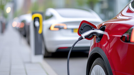 Naklejka premium Electric vehicle charging at station, showcasing red car plugged in. background features additional vehicles, emphasizing modern transportation