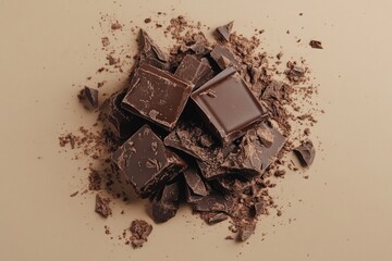 Crumbled dark chocolate chunks and powder creating a delicious mess on a beige background, perfect for confectionery or dessert projects