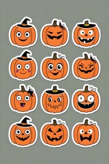 A Collection of Twelve Adorable Halloween Pumpkins with Witch Hats and Various Funny Faces: Festive Stickers or Digital Designs for Autumn Celebrations