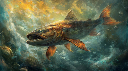 Fototapeta premium Majestic Salmon in Zero Gravity, Surreal Aquatic Painting, Vibrant Colors, Dynamic Pose
