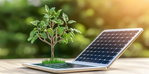 Fototapeta premium Innovative Concept of Sustainable Energy with a Tree Growing from a Laptop with Solar Panels, Symbolizing Technology and Nature in Harmony
