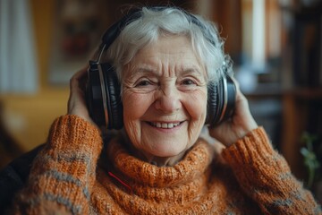 Senior woman enjoying music through headphones, holding them with her hands and smiling