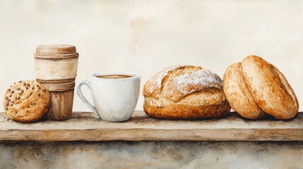 A cozy arrangement of baked goods and coffee, featuring cookies, a cup, and fresh bread on a rustic wooden shelf.