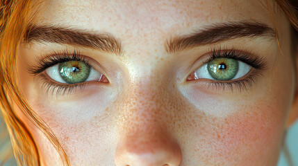 Fototapeta premium Close-up of bright green eyes with freckles, showcasing natural beauty and captivating details