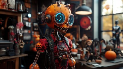 A skeletal robot with a pumpkin head, wearing a red shirt and black vest, stands in a workshop with various Halloween decorations.
