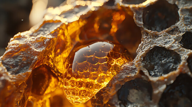 Close-up view of a honeycomb showcasing a golden drop of honey glistening in sunlight during a late afternoon