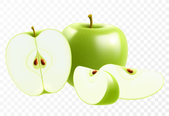 Green ripe juicy apple isolated on transparent background. A whole apple and pieces of a delicious apple. Realistic 3d vector illustration. Bright fruit composition. Template for your summer design
