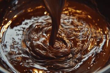 Melted dark chocolate pouring and mixing into a bowl, creating beautiful swirls