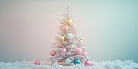Slim white Christmas tree with pastel ornaments light