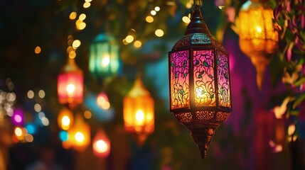 Celebrating diwali, a vibrant festival of lights adorned with colorful hanging lanterns and joy.