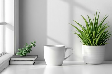 White mug, books, and plants sit on a desk near a sunlit window, creating a peaceful and inspiring workspace