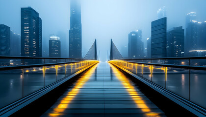 Fototapeta premium Empty bridge through illuminated modern city.