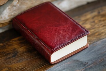 Red leather-bound book with visible stitching placed on wooden table near stone wall, creating a vintage and elegant atmosphere