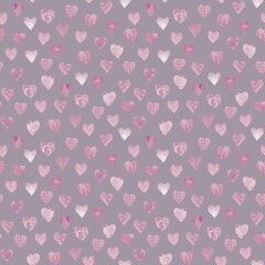 Seamless pattern of hand-drawn hearts in pastel pinks and purples on a muted purple background, featuring watercolor textures. Perfect for romantic and decorative projects