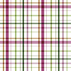 A classic plaid pattern with intersecting stripes in pink, green, and brown tones on a white background. Perfect for textiles, digital designs, and decorative projects.