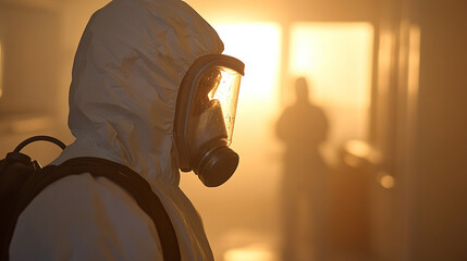 pest control professional wearing protective gloves, spraying gas in a home, symbolizing safety, sanitation, and the fight against pests for a clean, healthy environment